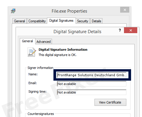 Screenshot of the FrontRange Solutions Deutschland GmbH certificate